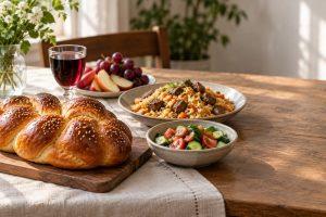 Хала, вино, плов с мясом, овощной салат и фрукты на столе — иллюстрация к законам благословений на пищу