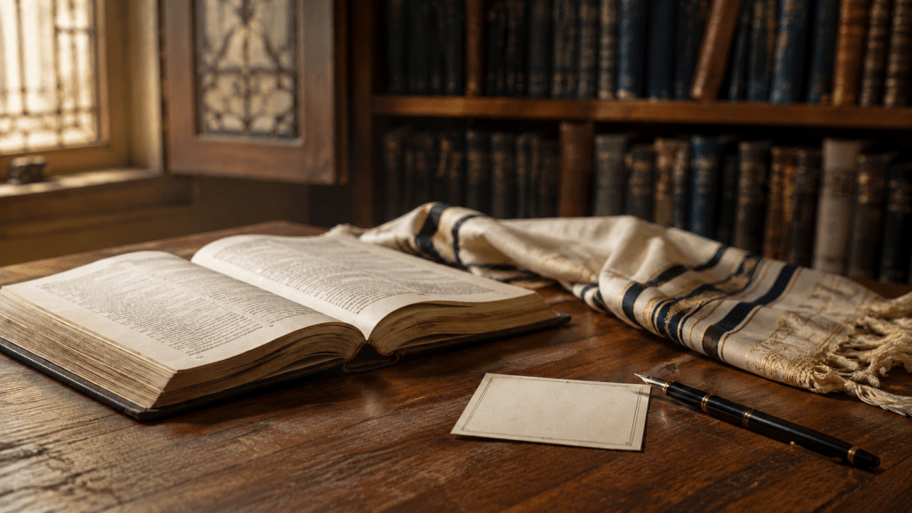 Открытая еврейская книга, талит и карточка для имени молящегося