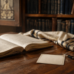 Открытая еврейская книга, талит и карточка для имени молящегося