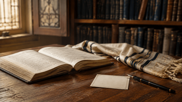 Открытая еврейская книга, талит и карточка для имени молящегося