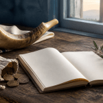 Шофар, открытая книга и мешочек с монетами на рассвете