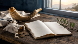 Шофар, открытая книга и мешочек с монетами на рассвете