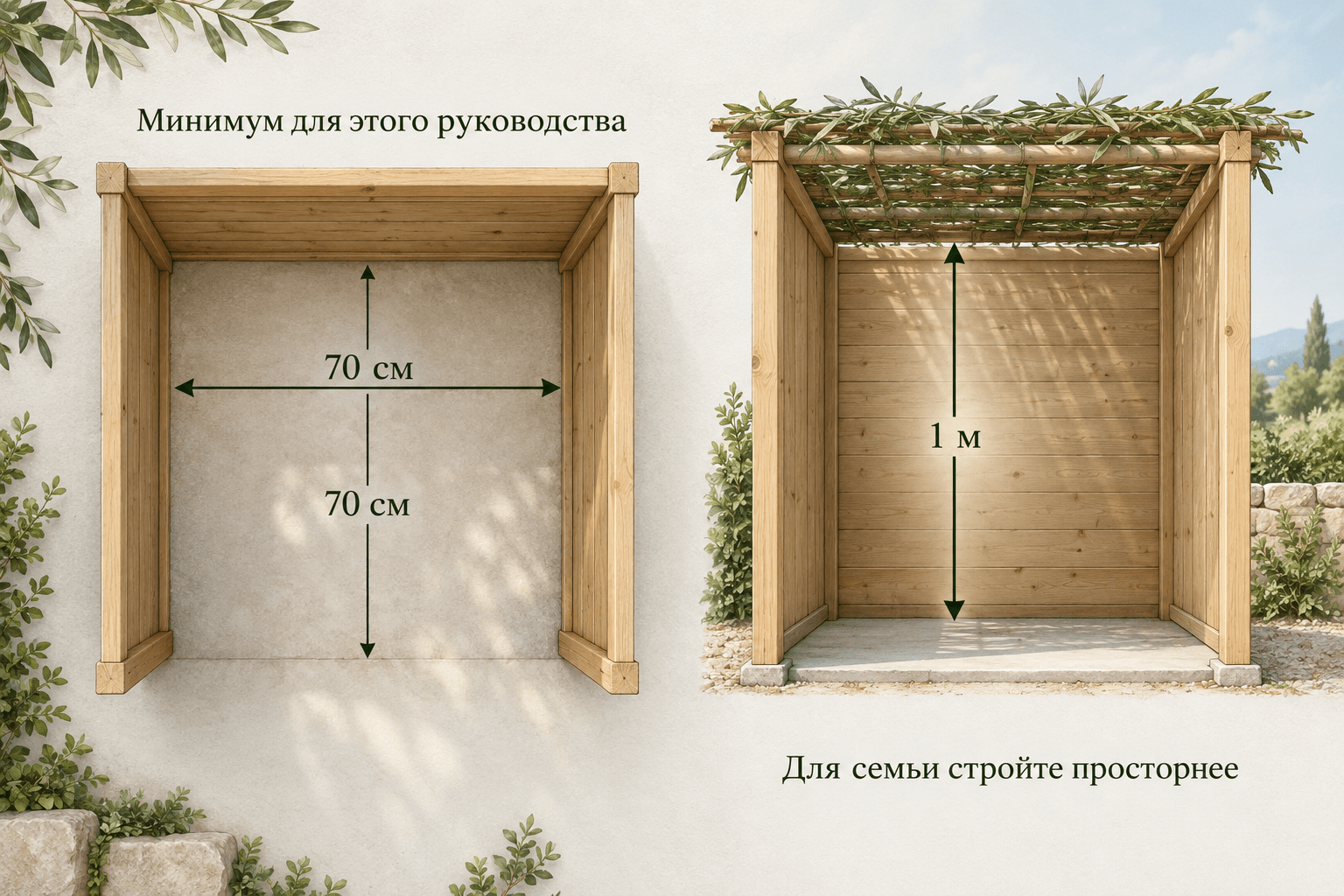 Размеры с запасом. 70 × 70 см и 1 м — размеры с запасом для минимального примера. Семейную сукку строят существенно просторнее.