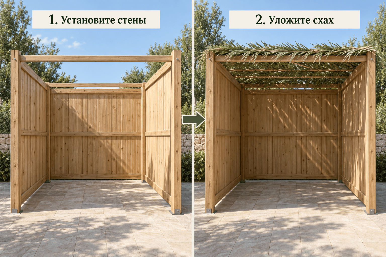 Сначала стены, затем схах. На первом этапе стены уже стоят, а крыши ещё нет. На втором этапе на готовые стены и опоры укладывают схах.