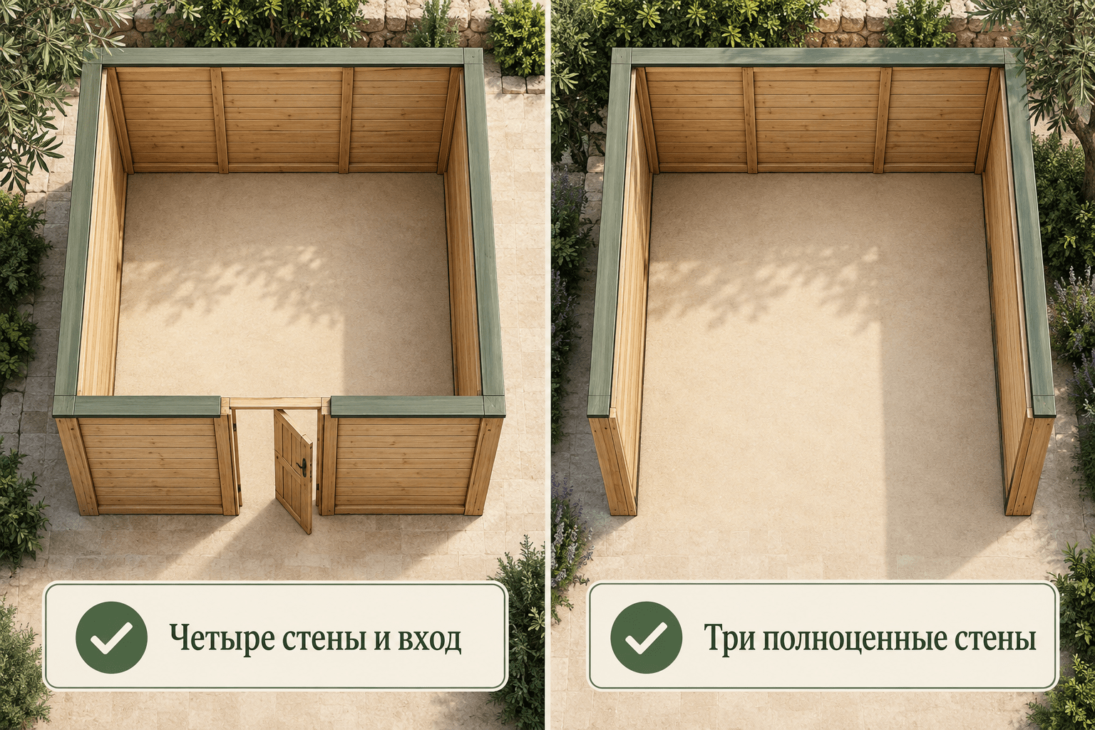 Три или четыре стены. Два простых варианта: четыре стены с входом или три полноценные стены. Крыша на схеме не показана, чтобы было видно расположение стен.