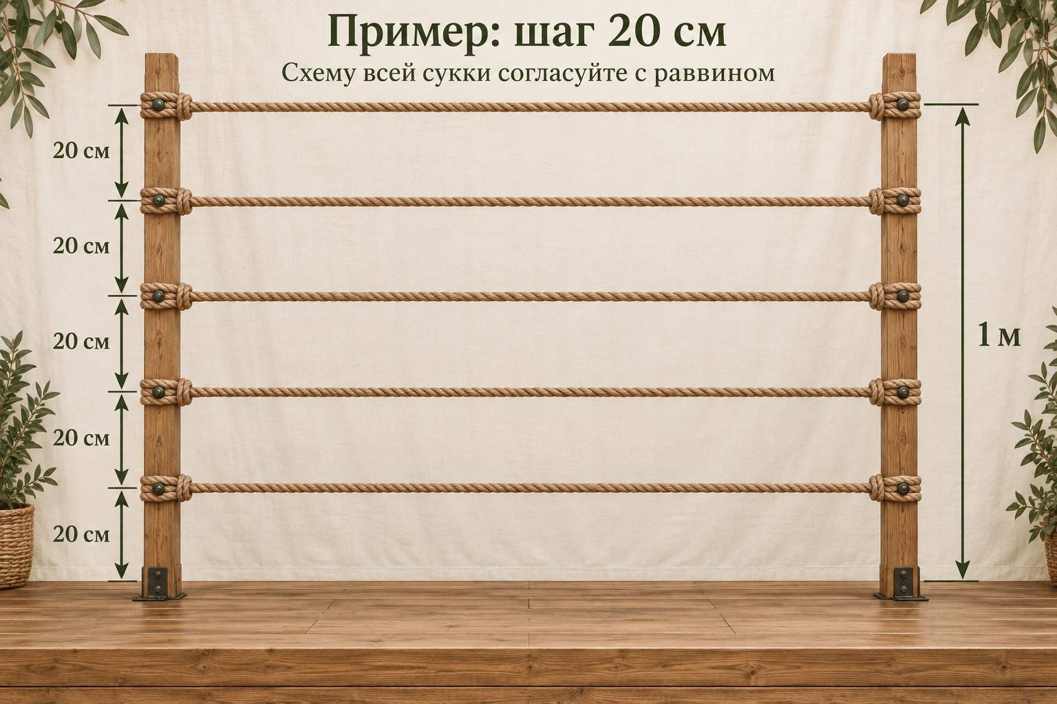 Пример шага 20 см. Пять натянутых рядов с шагом 20 см — до высоты 1 м. Рисунок объясняет расстояния на одном участке и не заменяет схему всей сукки.