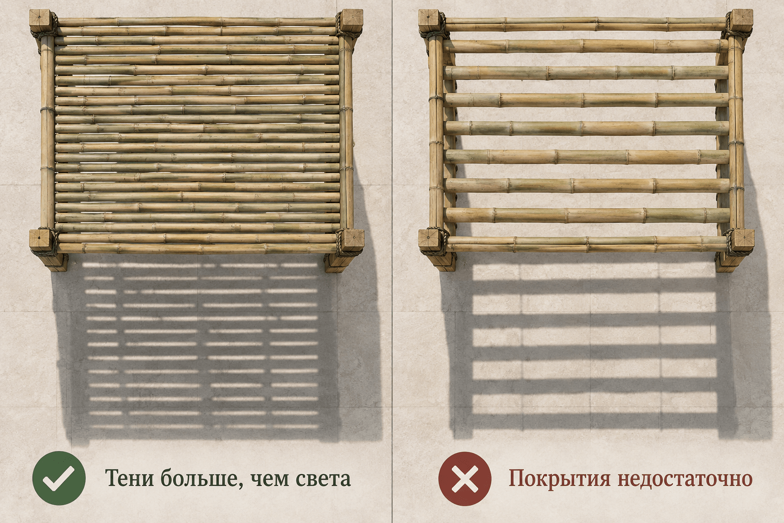 Тени больше, чем света. Слева покрытие даёт преимущественно тень; справа оно слишком редкое. Рисунок поясняет принцип, а не задаёт обязательный процент покрытия.