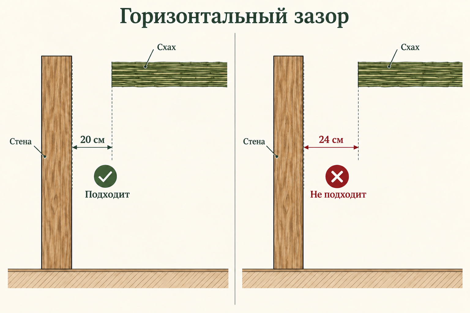 Рядом со стеной. Слева: зазор 20 см подходит для описанного в руководстве соединения стены со схахом. Справа: 24 см не подходит — промежуток должен быть строго меньше 24 см. Это горизонтальный зазор, а не пространство над невысокой стеной.