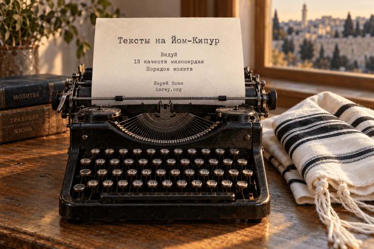 Печатная машинка с листом «Тексты на Йом-Кипур» от «Имрей Ноам» и белый талит