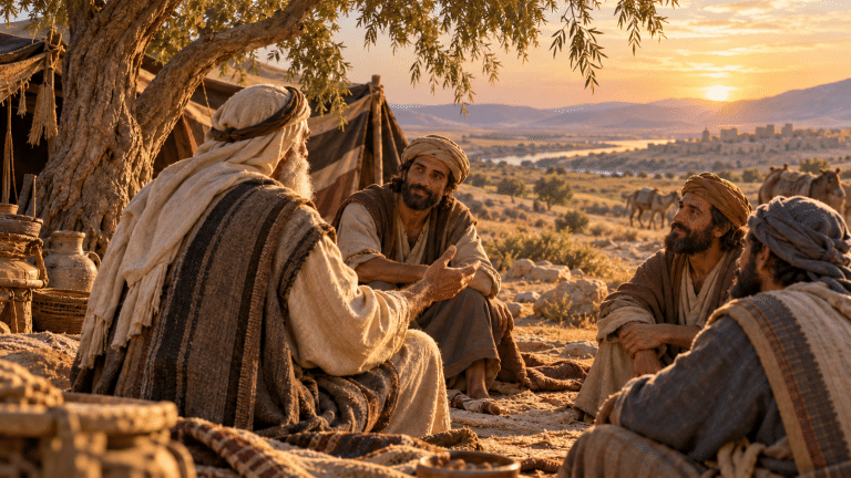Patriarch and travelers beneath a golden tent